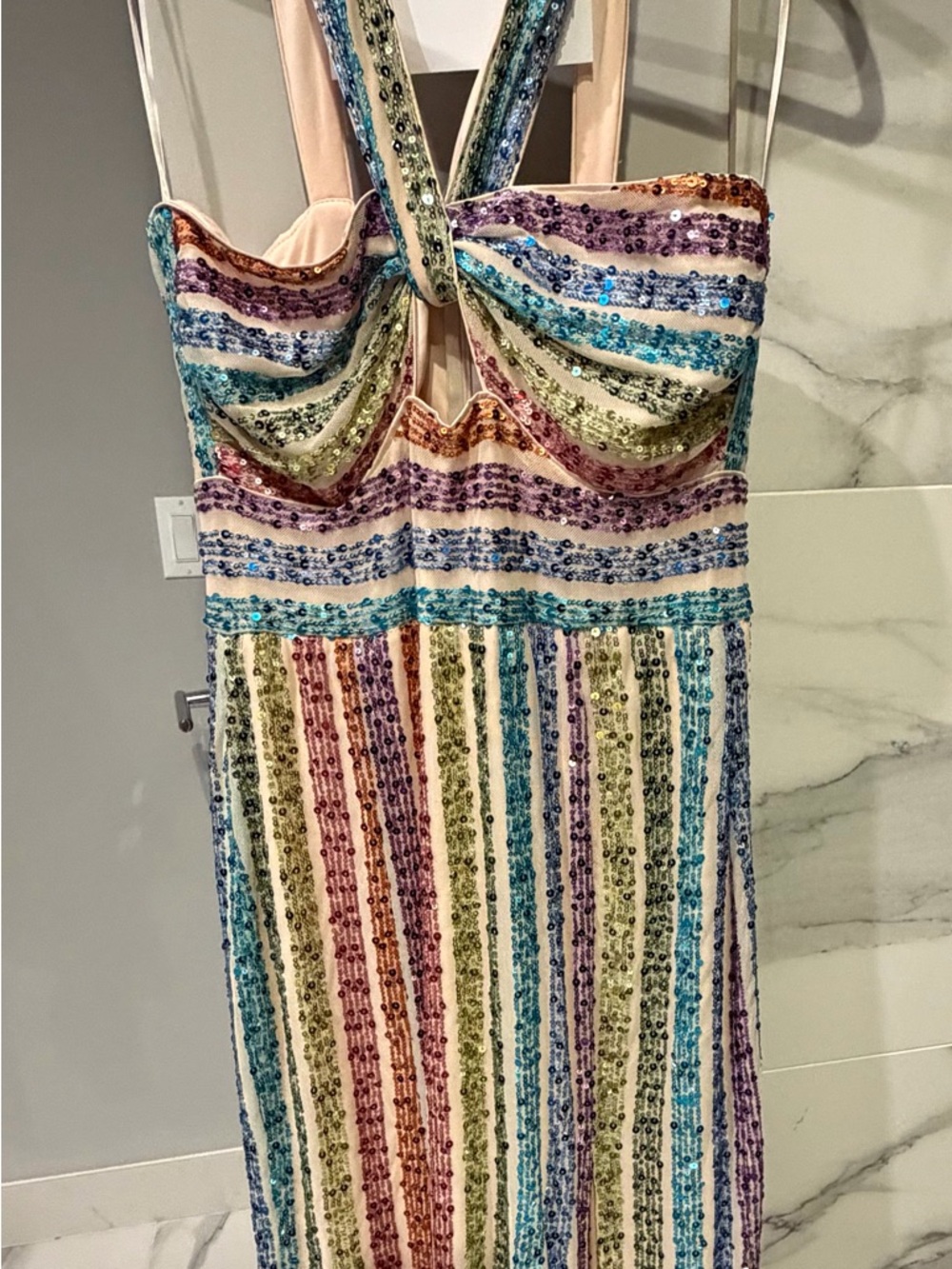SAYLOR Rainbow Sequin Stripe Strapless Maxi Dress